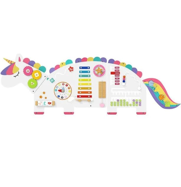 HONEY JOY Unicorn Activity Wall Busy Board 11-in-1 Wall-mounted Wooden Sensory Wall Panels White