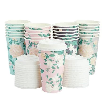 Juvale 24 Pack Vintage Floral Paper Insulated Coffee Cups with Lids