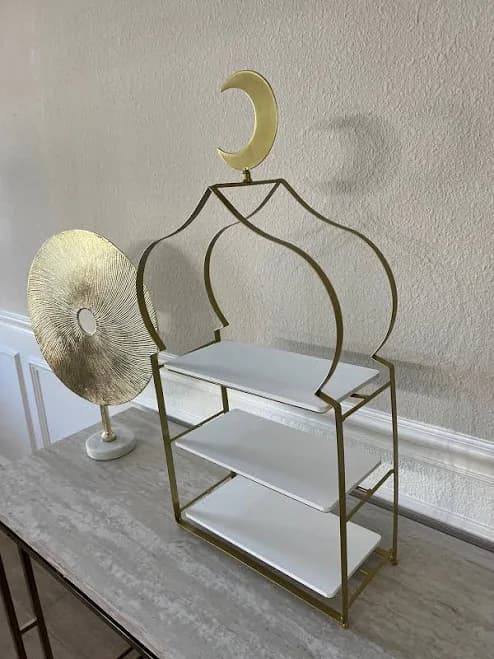 3 Tier Plated Crescent Dessert Stand | Art Deco Style | Large | Standing | Wood | Polished Chrome | Heavy Duty | Gold
