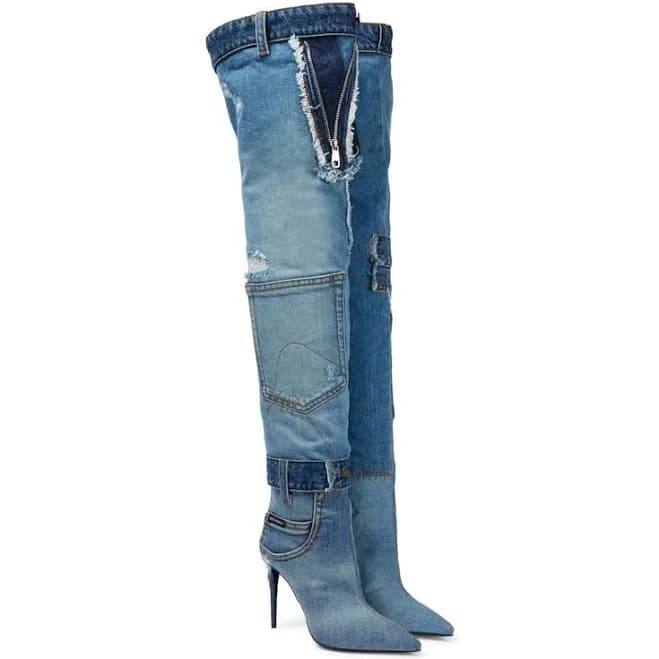 Spliced Over Knee Denim Boots