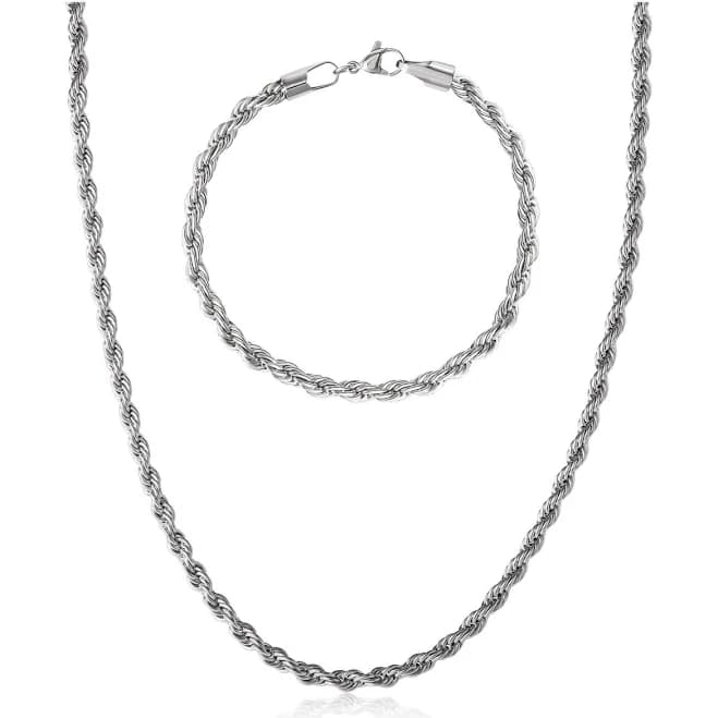 Lucky Brand Men's Stainless Steel Rope Chain Necklace & Bracelet Set