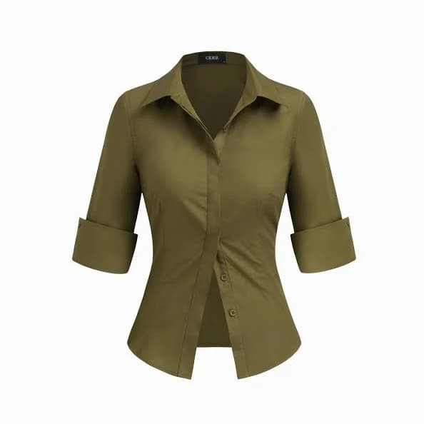 Woven Cotton Collar Mid-Length Sleeve Roll Up Shirt