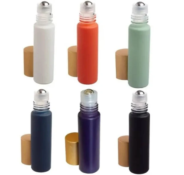 1/3 oz Matte Glass Bottles with Metal Roll-ons and Gold Caps