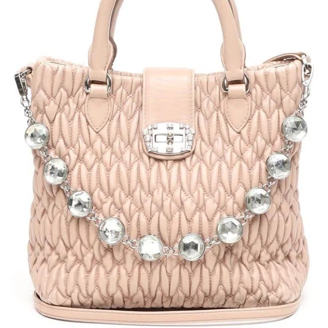 Miu Miu Nude Nappa Matelasse Leather Tote with Crystal Chain