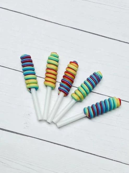Rainbow Swirl LOLLIPOPS Multi COLOR Polymer Clay, Fake Lollipop Suckers, Cabochon, Slime, Candy Charms, Miniature Candy, Dollhouse, 5 Count