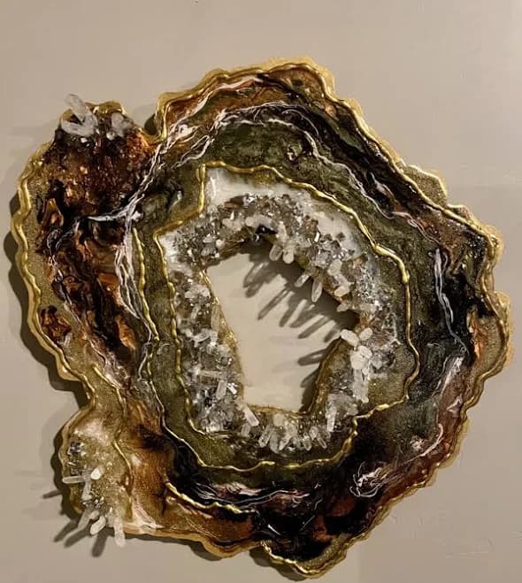 Geode Wall Art, Gold Brown, Quartz, 17” Diameter, Resin Art, Home Decor