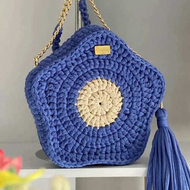 Blue Star Shaped Colombian Handmade Crochet Crossbody Gold Handle Zipper
