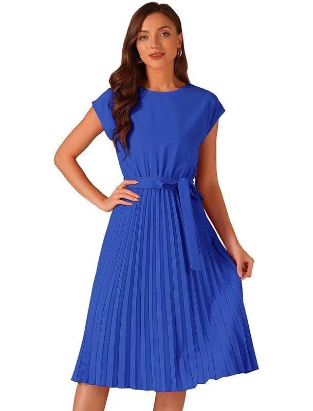 Crew Neck Sleeveless Tie Waist A-Line Pleated Dress