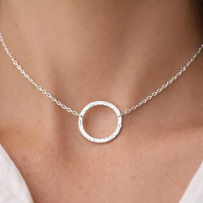 Hammered Sterling Silver Minimalist Round Pendant Necklace