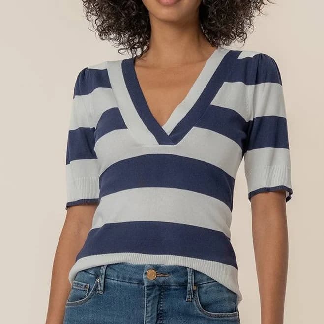 Kut from The Kloth Women's Striped V-Neck Short Sleeve Sweater Top