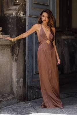 12th Tribe Roma Cocoa Striped Cutout Maxi Dress