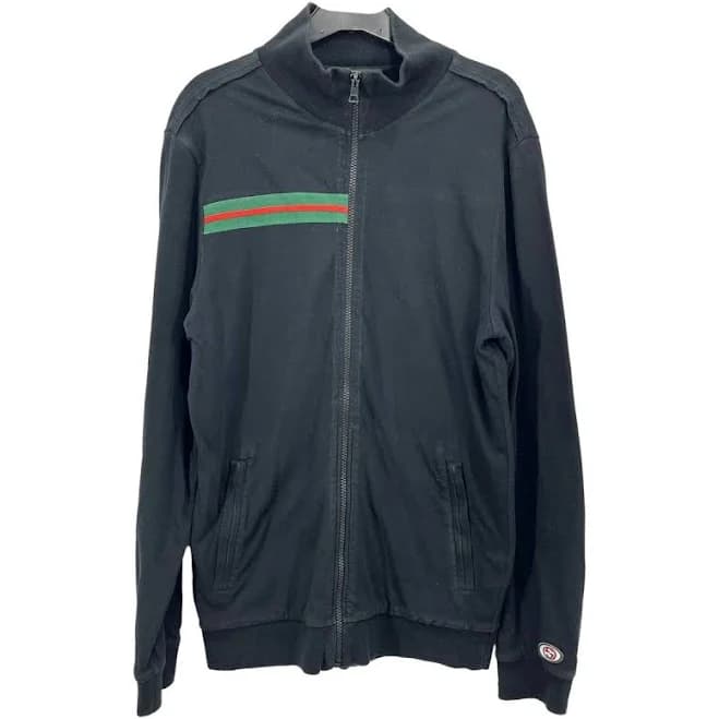 GUCCI Black Cotton Track Jacket with Green Stripe Size XL
