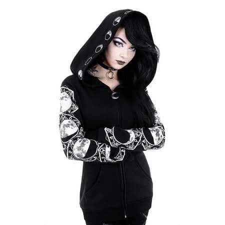 Women's Restyle Gothic Lunar Hoodie with Moon Phases