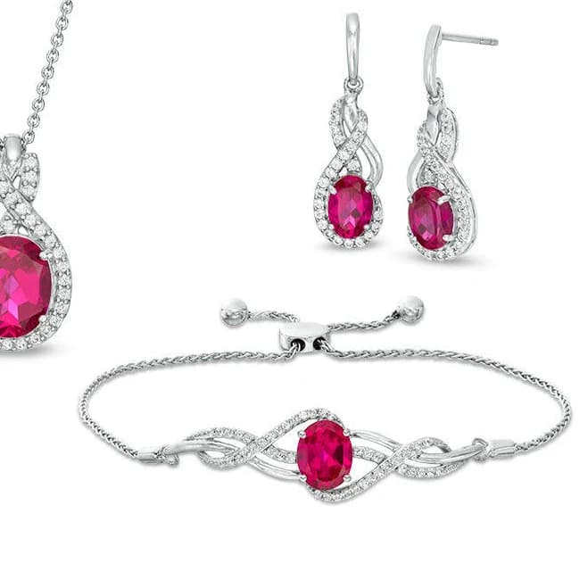 Sterling Silver Oval Lab-Created Ruby Bolo Bracelet and Drop Earrings Set