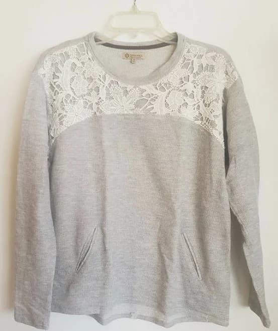 Democracy Heather Grey White Lace Panel With Pockets Sweatshirt