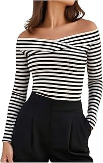 Women's Striped Off Shoulder T Shirt Long Sleeve Slim Fit Tee Tops