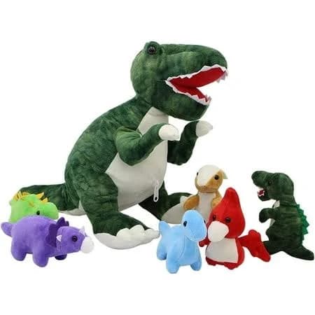 JDS Toy Store Handcrafted Plush Big Green T-Rex Stuffed Dinosaur with 6 Baby Dinosaur