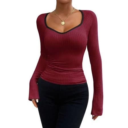 Women's Casual Slim Fit Long Sleeve Sweetheart Neck Rib Knit Shirt