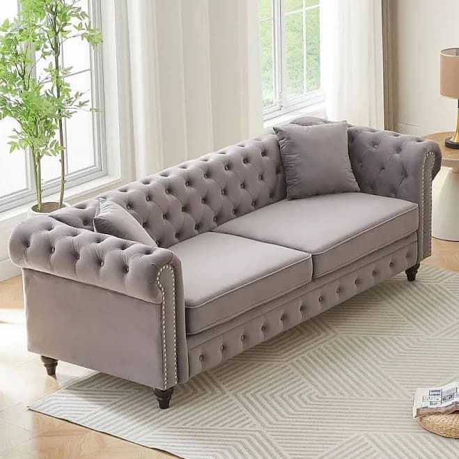 Noble House Beryl Rolled Arm Velvet Upholstered Rectangle Tufted Chesterfield Sofa