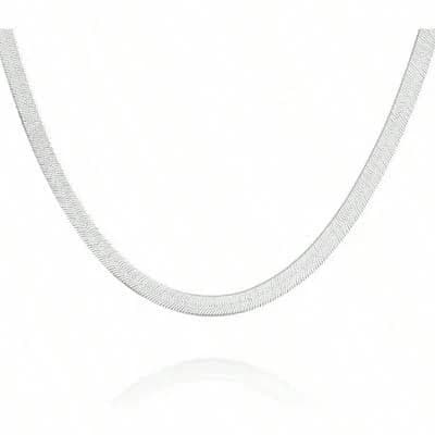 Women's Silver Cuban Link Chain Necklace with Snake Diamond Cut Herringbone