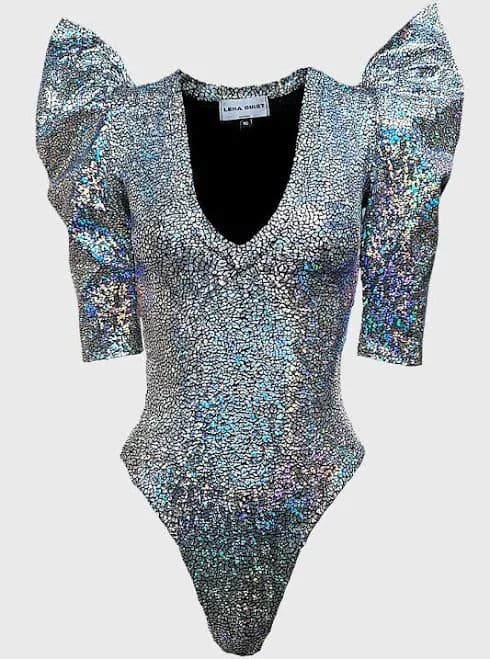 Futuristic Festival Wear Holographic Silver Thong Bodysuit