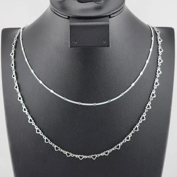 Sterling Silver Double Heart Layered Chain Necklace with Magnetic Heart Clasp