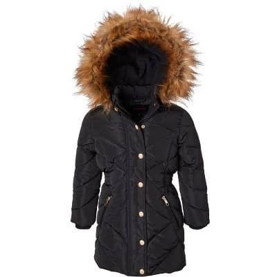 Sportoli Girls' Fleece Lined Quilted Midlength Fur Trimmed Hood Puffer Coat