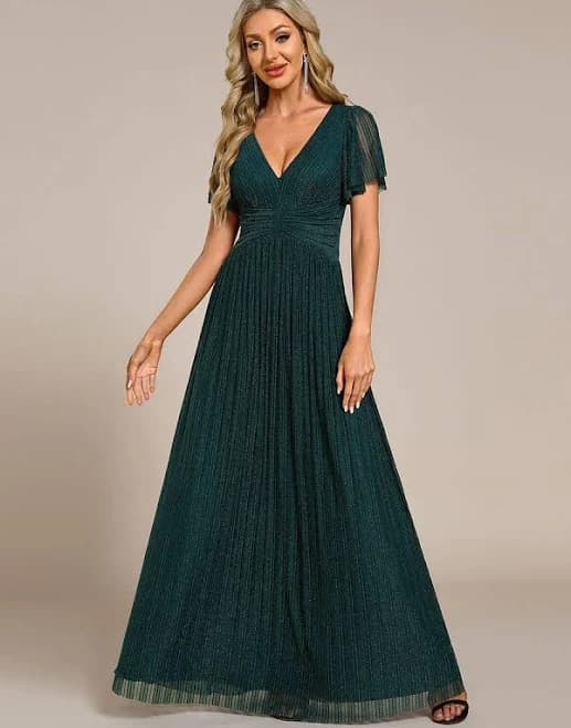 Ever-Pretty Glittery Empire Waist Short Sleeves Formal Evening Dress with V-Neck