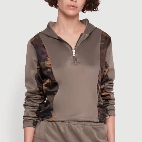 Womens Color Block Quarter Zip Hoodie, Olive, Size M - Rainbow Shops