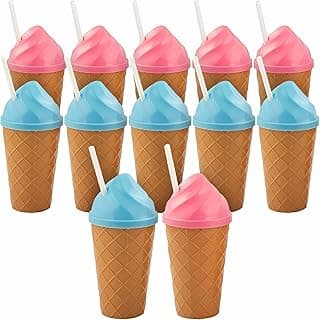 12 Pieces Ice Cream-Shaped Cups with Straws, Holds 14 oz, BPA Free Plastic, Birthday Party Supplies, Multi-Color