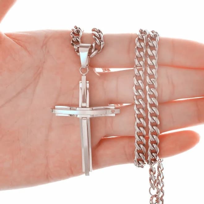 Men's Silver Tone Cross Pendant Necklace Stainless Steel Cuban Chain