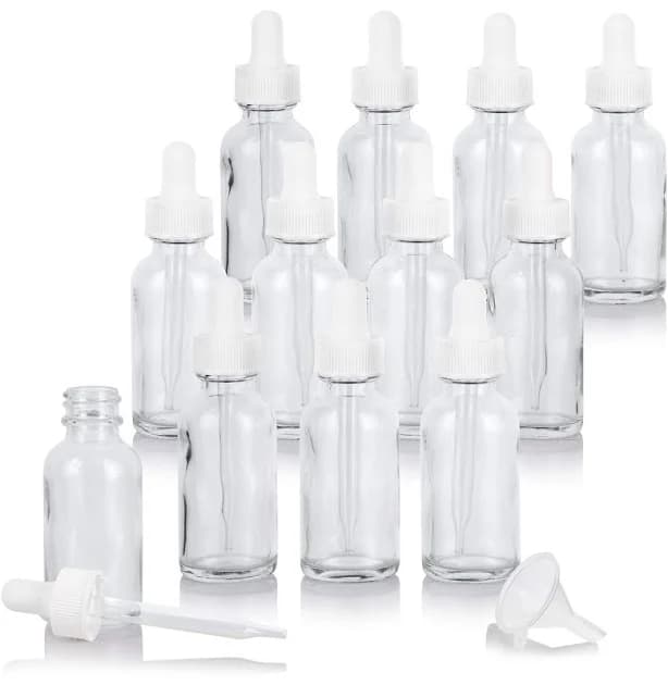 JUVitus 1 oz / 30 ml Clear Glass Boston Round Bottle with White Dropper and Funnel (12 Pack