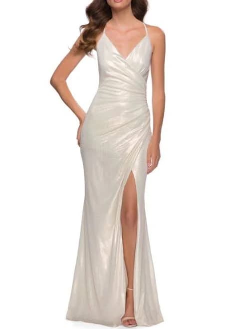 La Femme Women's Wrap Style Metallic Jersey Gown with Ruching
