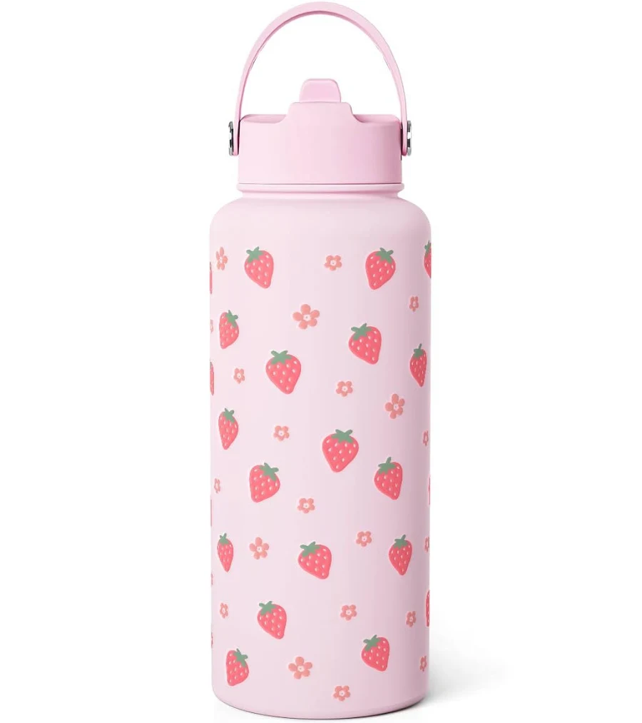 Strawberry Water Bottle Gifts for Women - 32oz Strawberry Themed Insulated Water Bottle with Straw - Christmas Birthday Gifts for Strawberries Lover -