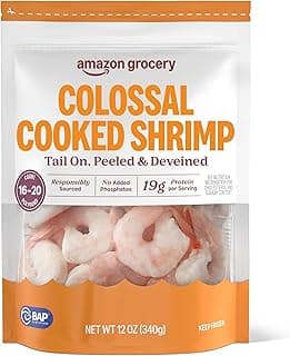 Amazon Grocery, Colossal Cooked Shrimp, Tail On, Peeled & Deveined, 12 oz, Frozen (Previously Amazon Fresh Brand, Packaging May Vary)