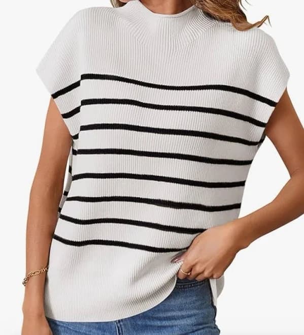 Merokeety Sleeveless Mock Neck Black White Striped Sweater Vest