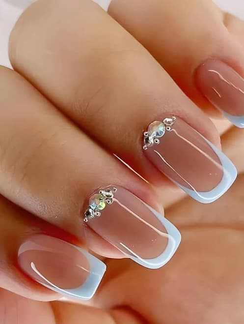SheIn |Get Glamorous with 24pcs Long Square White French 3D Rhinestone Decor Fake Nail & 1PC Nail File & 1Sheet Nail Tape Press on Nails Nail Supplies