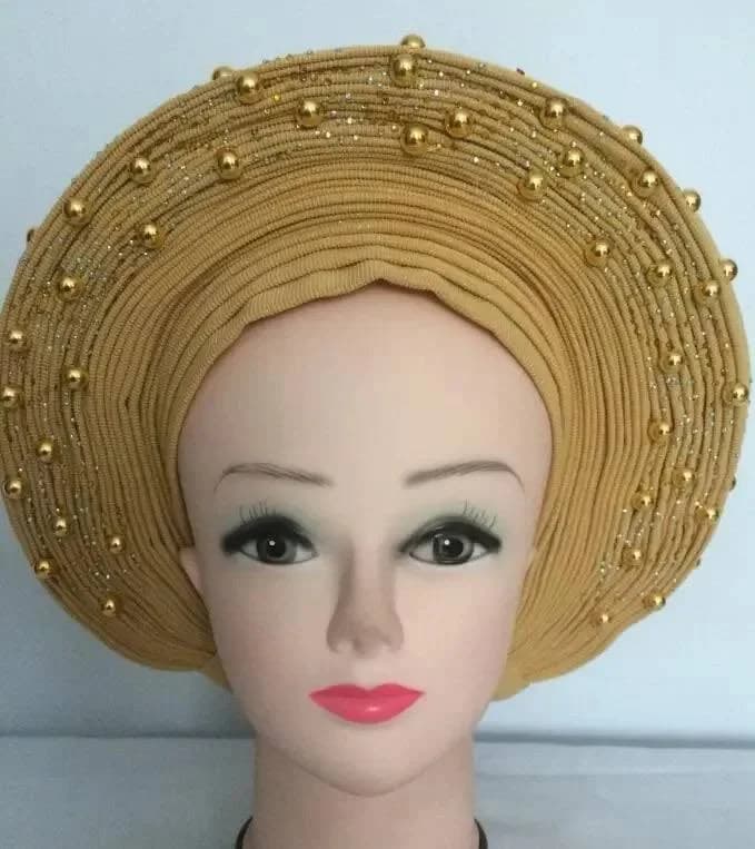 African Aso Oke Gele Head Wrap with Beads