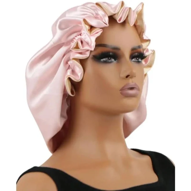 Satin Bonnet - Reversible Bonnet - Silk Bonnet for Sleeping Double Layer Satin Lined Hair Bonnet in Pink and Champagne - Bonnets for Women
