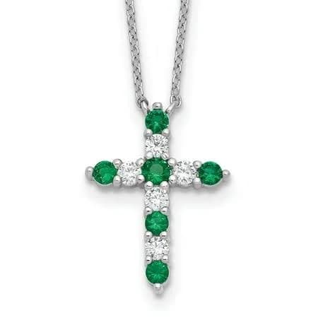 Sterling Silver Emerald Green CZ Cross Pendant Necklace