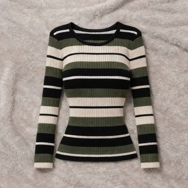Y2k Vintage Sweater Ribbed Green White Black Striped Knitted - New Women | Color: Green/White/Black | Size: XS