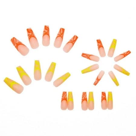 Tkrady Coffin Press on Nails Extra long Fake Nail Orange Yellow Flame Coffin Nail Ballet Nail Europe and the United States long section 24Pcs