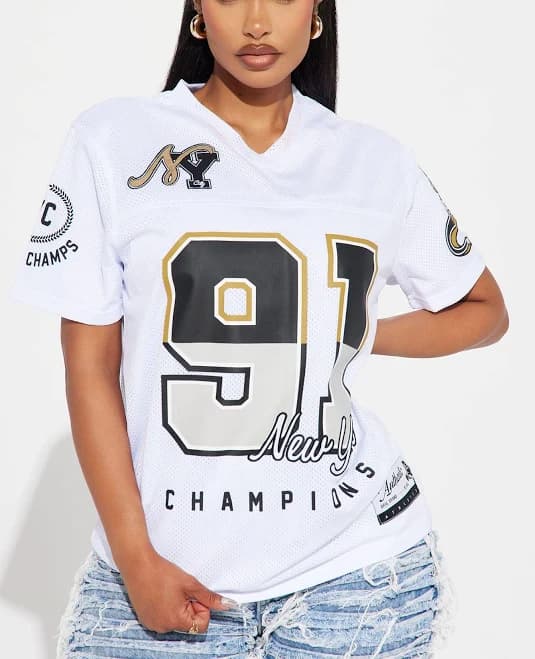 Fashion Nova Jersey Mesh V-Neck Short Sleeve Graphic