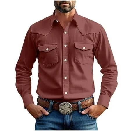 Men's Classic Long Sleeve Cotton Button Down Shirt with Two Pockets