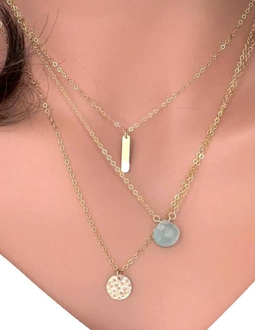Gold Filled Layered Necklace Set with Gemstone Pendant