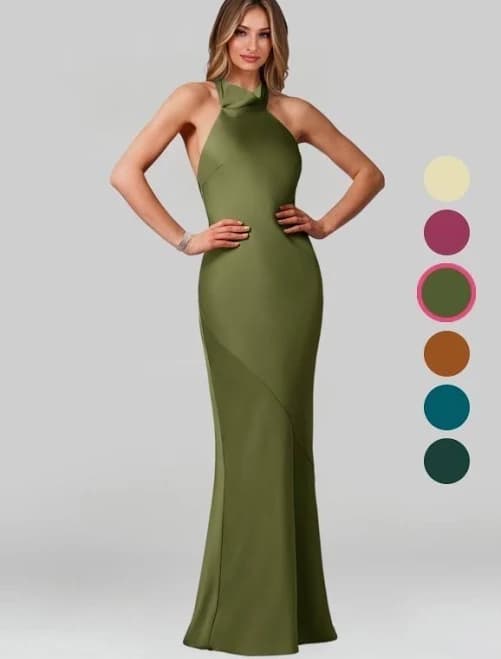 Azazie Bridesmaid Dresses Mermaid Halter Neck Floor-Length Stretch Satin