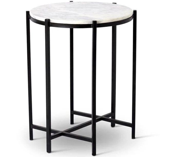 White Marble Round Side Table with Black Metal Base