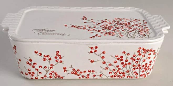Grace's Teaware Red Berry Rectangular Baker with Lid 11 1/2" - China Dinnerware & Dishes in Gold Metallic/Red