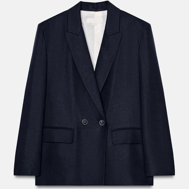 Zara Double Breasted Linen Blazer with Rolled-Up Sleeves