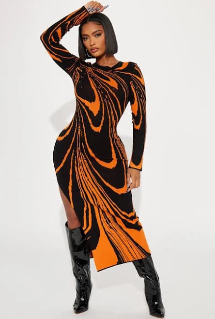 Fashion Nova Amara Abstract Long Sleeve Sweater Maxi Dress